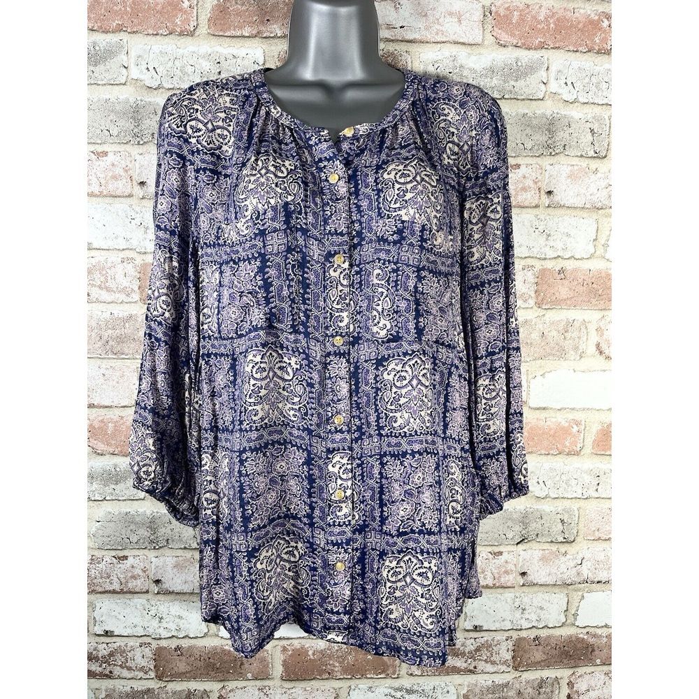 Anthropologie Akemi + Kin Purple Button Down Shirt Peasant Top 3/4 Sleeves XS